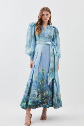 Lydia Millen Silk Cotton Scenic Floral Maxi Dress – tonal blue balloon sleeve tie waist dresses – feminine occasion clothing – romantic summer event clothes – romance