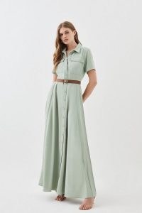 Lydia Millen Soft Tailored Pleat Panel Midi Shirt Dress in Sage – long length light green collared dresses ~ Karen Millen