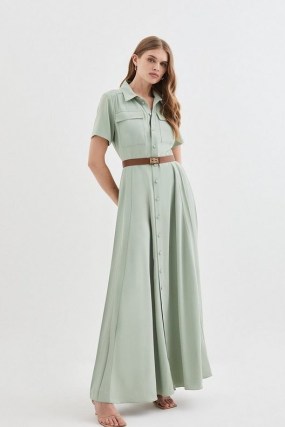Lydia Millen Soft Tailored Pleat Panel Midi Shirt Dress in Sage – long length light green collared dresses ~ Karen Millen - flipped