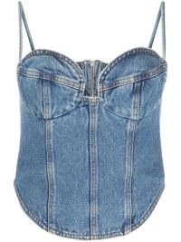 Magda Butrym cropped denim bustier top | strappy blue corset style tops | curved crop hem | skinny shoulder strap fashion