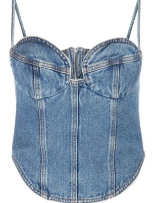 Magda Butrym cropped denim bustier top | strappy blue corset style tops | curved crop hem | skinny shoulder strap fashion - flipped