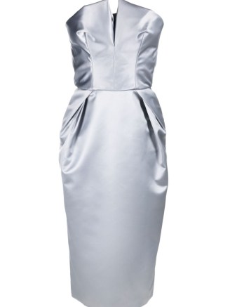Maison Margiela Cintzed draped satin dress in blue-grey / women’s luxury strapless occasion dresses / fitted corset style evening clothes - flipped