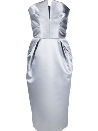 Maison Margiela Cintzed draped satin dress in blue-grey / women’s luxury strapless occasion dresses / fitted corset style evening clothes