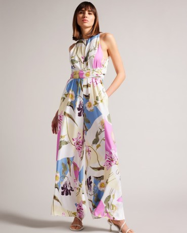 TED BAKER Maudee Floral Print Halter Neck Jumpsuit in White / sleeveless floaty jumpsuits / women’s summer event clothing