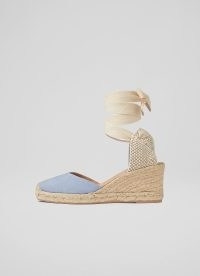 L.K. BENNETT Maureen Blue Suede Espadrilles – wedged ankle tie sandal – espadrille sandals with wedge heel – summer wedges