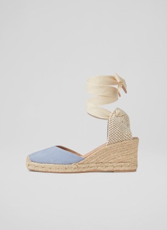 L.K. BENNETT Maureen Blue Suede Espadrilles – wedged ankle tie sandal – espadrille sandals with wedge heel – summer wedges