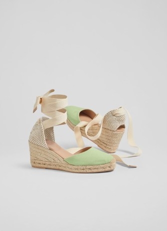 L.K. BENNETT Maureen Green Canvas Espadrilles – ankle tie wedges – summer espadrille sandals - flipped