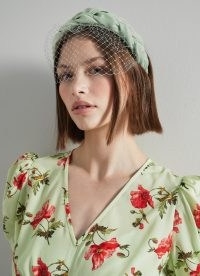 L.K. BENNETT Melissa Green Satin Plaited Headband With Net Veil ~ womens summer occasion hair accessories ~ women’s event headbands