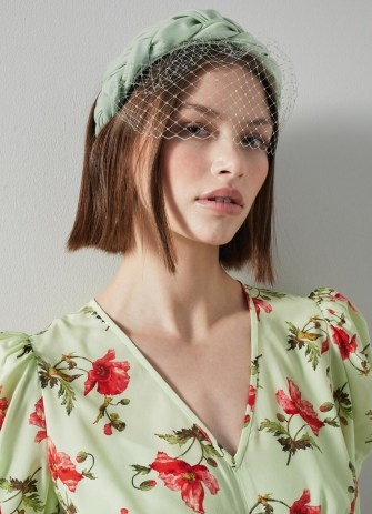 L.K. BENNETT Melissa Green Satin Plaited Headband With Net Veil ~ womens summer occasion hair accessories ~ women’s event headbands - flipped