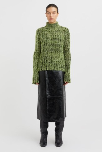 CAMILLA AND MARC Metsa Textured Turtleneck Knit in Citron Green and Black – women’s fluffy high neck sweaters – women’s luxe jumpers – luxury knitwear - flipped