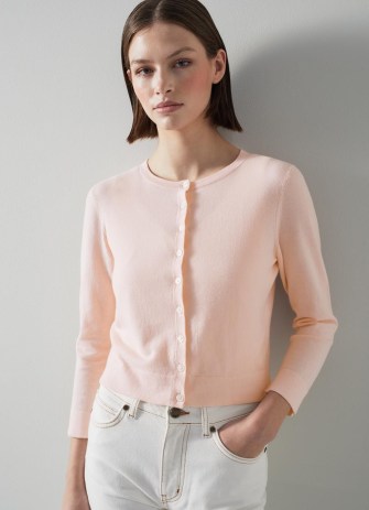 L.K. BENNETT Michi Pink Organic Cotton Knitted Cardigan ~ round neck button up cardigans