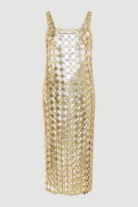 KAREN MILLEN Mirrored Disc Side Split Maxi Dress in Gold ~ sheer metallic evening dresses ~ see-through party clothes ~ glamorous occasionwear