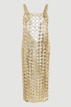 KAREN MILLEN Mirrored Disc Side Split Maxi Dress in Gold ~ sheer metallic evening dresses ~ see-through party clothes ~ glamorous occasionwear - flipped