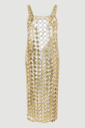KAREN MILLEN Mirrored Disc Side Split Maxi Dress in Gold ~ sheer metallic evening dresses ~ see-through party clothes ~ glamorous occasionwear