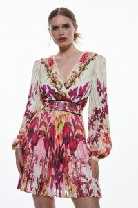 KAREN MILLEN Mirrored Ombre Floral Pleat Drama Woven Mini Dress in Pink / pleated V-neck balloon sleeve occasion dresses