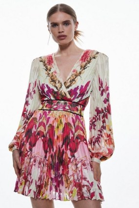 KAREN MILLEN Mirrored Ombre Floral Pleat Drama Woven Mini Dress in Pink / pleated V-neck balloon sleeve occasion dresses