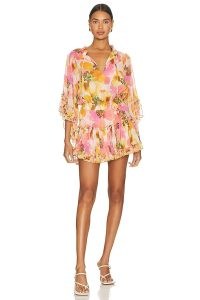 MISA Los Angeles Ximena Dress in GOLDEN POPPY MIX / floaty floral mini dresses / women’s ruffle trim clothing / feminine fashion / fill detailed evening clothes