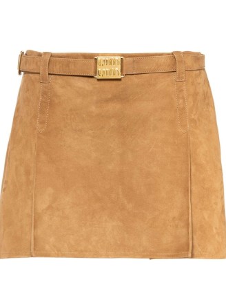Miu Miu belted suede miniskirt in barley brown | women’s tan mini skirts | designer fashion | retro inspired clothes - flipped