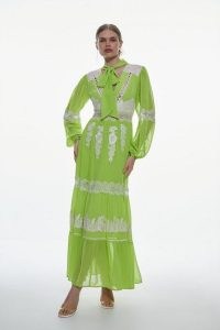 KAREN MILLEN Mixed Lace & Embroidered Pussybow Midaxi Dress in Lime / green floral panel maxi dresses / feminine semi sheer summer occasiom clothes / pussy bow neck tie