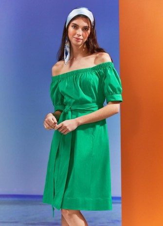 L.K. BENNETT x Heti Gervis Nadia Green Cotton Off-The-Shoulder Dress ~ women’s tie waist bardot dresses ~ womens luxury summer fashion - flipped