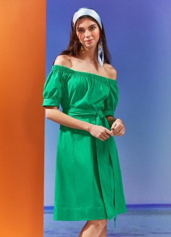 L.K. BENNETT x Heti Gervis Nadia Green Cotton Off-The-Shoulder Dress ~ women’s tie waist bardot dresses ~ womens luxury summer fashion