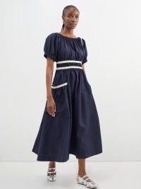 MOLLY GODDARD Navy Mags shirred-taffeta midi dress | women’s dark blue and white trim puff sleeve dresses