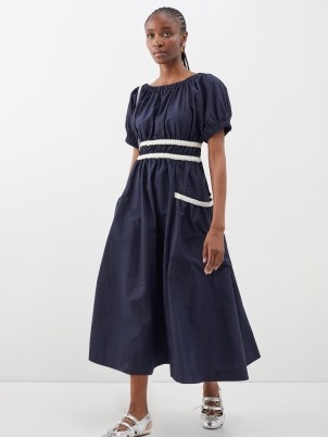 MOLLY GODDARD Navy Mags shirred-taffeta midi dress | women’s dark blue and white trim puff sleeve dresses - flipped