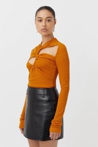 CAMILLA AND MARC Nemesia Textured Long Sleeve Top in Burnt Orange ~ textured tops with asymmetric cut outs ~ asymmetrical fashion ~ cutout clothing ~ twist detail clothes
