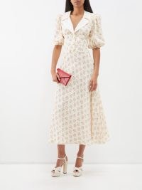 ALESSANDRA RICH Cream Pearl-embellished floral-print silk dress | silky vintage style occasion dresses | women’s luxury summer event clothing | retro inspired clothes