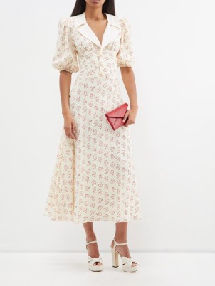 ALESSANDRA RICH Cream Pearl-embellished floral-print silk dress | silky vintage style occasion dresses | women’s luxury summer event clothing | retro inspired clothes - flipped