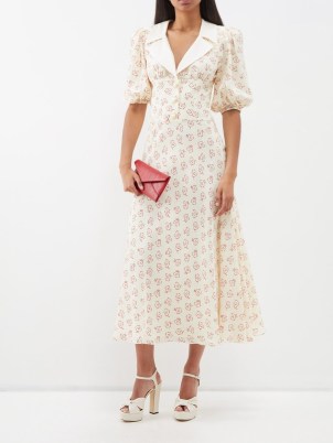 ALESSANDRA RICH Cream Pearl-embellished floral-print silk dress | silky vintage style occasion dresses | women’s luxury summer event clothing | retro inspired clothes