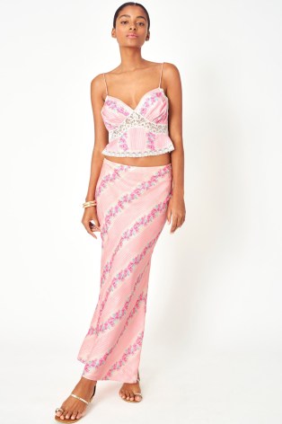 LOVESHACKFANCY Noam Skirt Pink Malibu ~ women’s floral maxi skirts - flipped