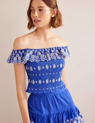 BODEN Off Shoulder Broderie Top in Island Sapphire – women’s blue bardot tops – cotton summer fashion – floral emboidered holiday clothes - flipped
