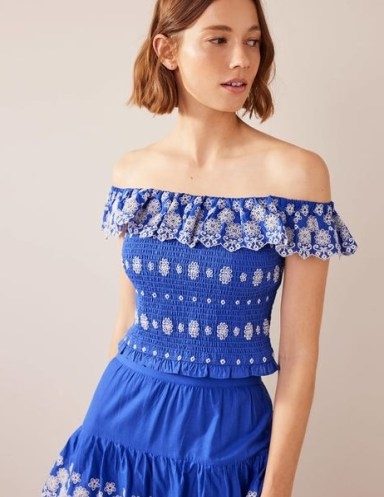 BODEN Off Shoulder Broderie Top in Island Sapphire – women’s blue bardot tops – cotton summer fashion – floral emboidered holiday clothes