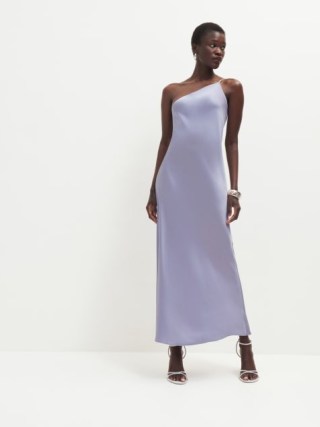 Reformation Olesia Satin Dress in Aura – silky one shoulder slip dresses