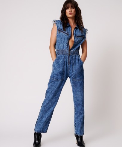 ONE TEASPOON OLIVIA SLEEVELESS OVERALL in Acid Blue | women’s sleeveless collared fitted waist overalls | womens casual denim jumpsuits | frayed shoulders - flipped