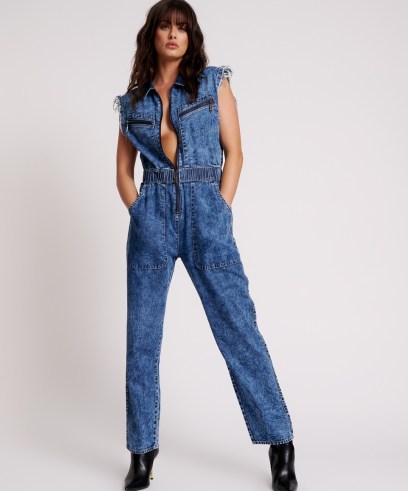 ONE TEASPOON OLIVIA SLEEVELESS OVERALL in Acid Blue | women’s sleeveless collared fitted waist overalls | womens casual denim jumpsuits | frayed shoulders