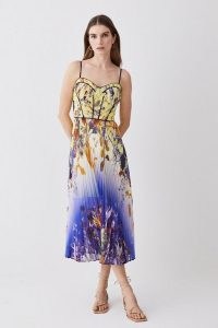 KAREN MILLEN Ombre Spring Floral Pleat Corset Detail Strappy Midi Dress in Blue – strappy pleated sweetheart neckline occasion dresses