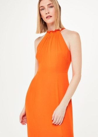 WHISTLES ELIZA HALTERNECK MIDI DRESS in Orange ~ vibrant halterneck dresses ~ women’s bright occasion clothes ~ tie back fastening ~ ruffle neck detail