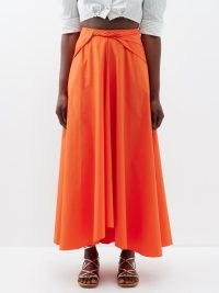 ALTUZARRA Pythia cotton-blend poplin maxi skirt in orange / long length summer skirts with an asymmetric hemline / twist detail waist