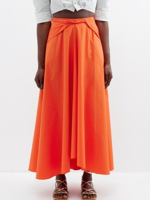 ALTUZARRA Pythia cotton-blend poplin maxi skirt in orange / long length summer skirts with an asymmetric hemline / twist detail waist - flipped