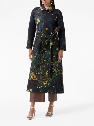 Oscar de la Renta Firefly-print faille trench coat | women’s longline printed tie waist coats | womens luxury outerwear - flipped
