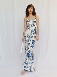Reformation Parma Dress in Faye – white and blue floral print spaghetti strap maxi dresses – strappy evening clothes