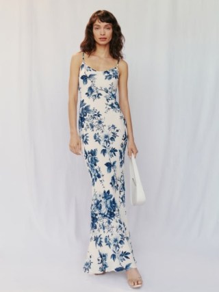 Reformation Parma Dress in Faye – white and blue floral print spaghetti strap maxi dresses – strappy evening clothes - flipped