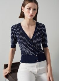 L.K. BENNETT Pearl Navy and White Cotton Wave Ribbed Cardigan – dark blue short sleeve wavy striped cardigans