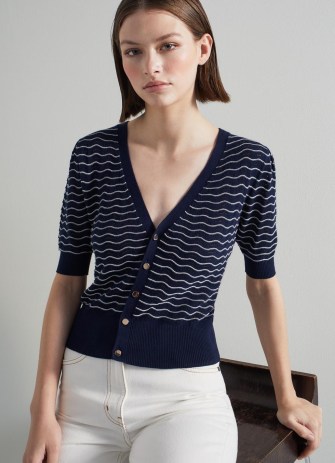 L.K. BENNETT Pearl Navy and White Cotton Wave Ribbed Cardigan – dark blue short sleeve wavy striped cardigans - flipped