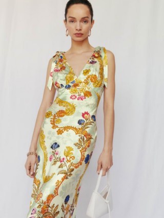 Reformation Pernille Silk Dress in Dynasty / luxury silky floral maxi occasion dresses / sleeveless tie shoulder gown / luxurious event clothing / luxe evening fashion - flipped