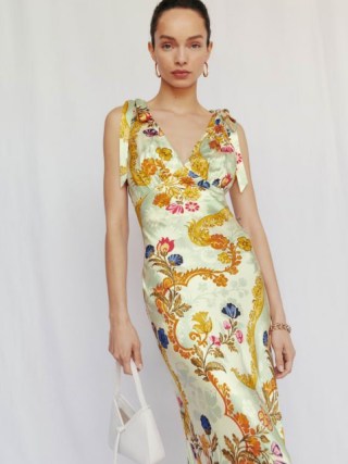 Reformation Pernille Silk Dress in Dynasty / luxury silky floral maxi occasion dresses / sleeveless tie shoulder gown / luxurious event clothing / luxe evening fashion