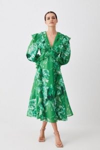 KAREN MILLEN Petite Graphic Lace Trim Floral Woven Plunge Maxi Dress in Green ~ romantic ruffled balloon sleeve dresses