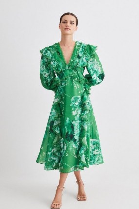 KAREN MILLEN Petite Graphic Lace Trim Floral Woven Plunge Maxi Dress in Green ~ romantic ruffled balloon sleeve dresses - flipped